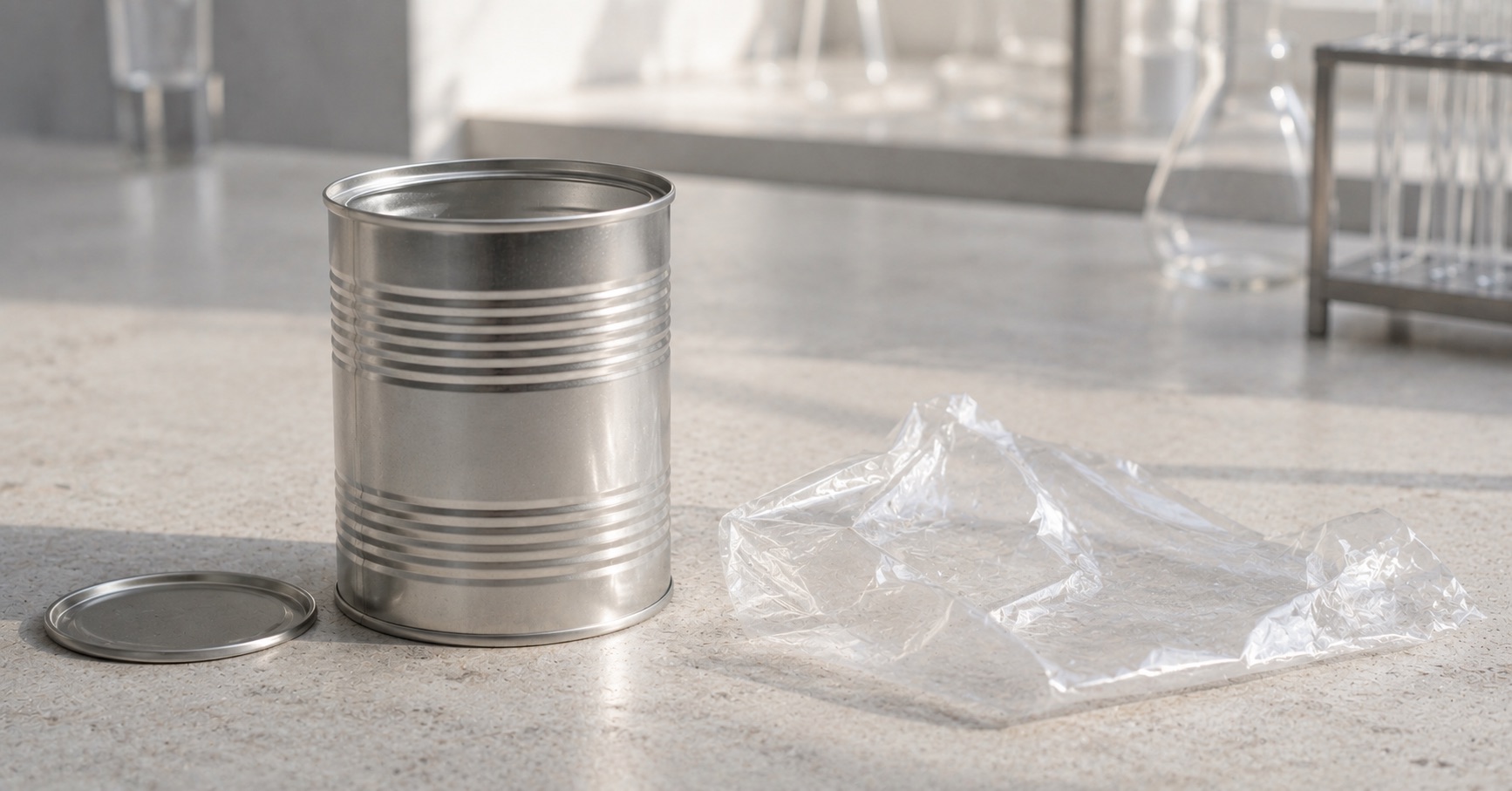 Plastic food containers and packaging on a clean surface