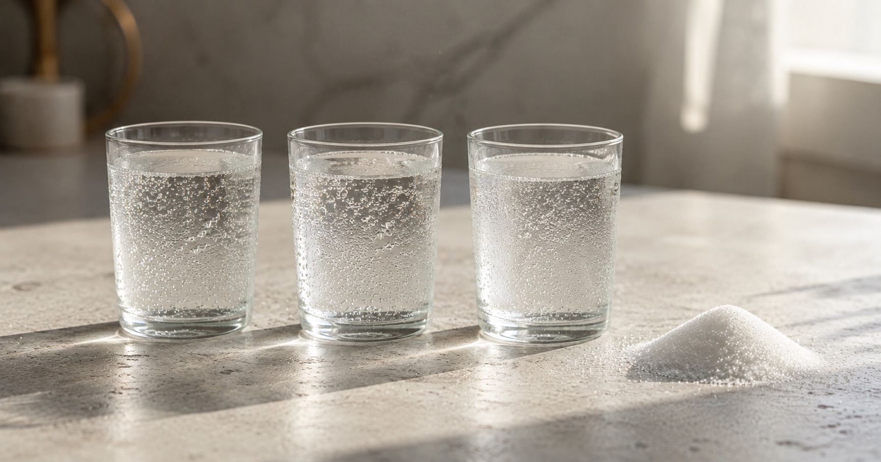 Sweetened soft drinks in glass bottles on a plain surface