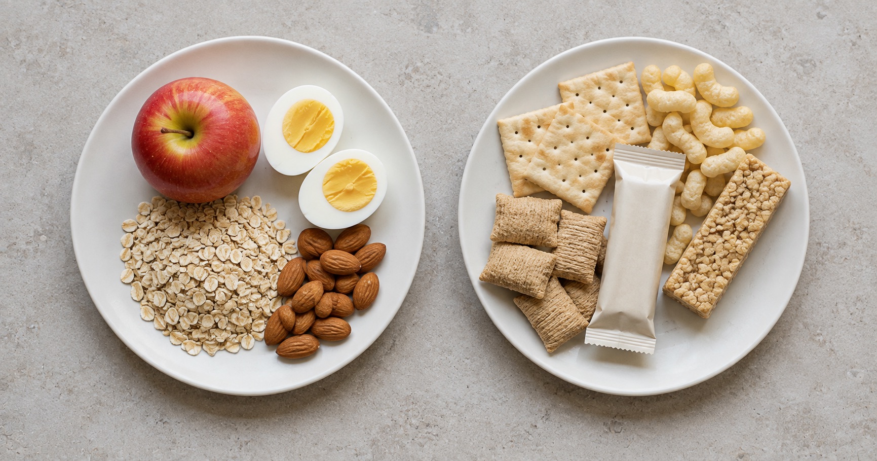 Ultra-processed packaged snacks beside whole unprocessed ingredients