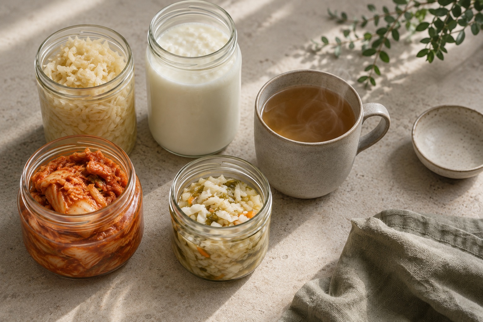 Fermented foods and fibre-rich vegetables arranged together