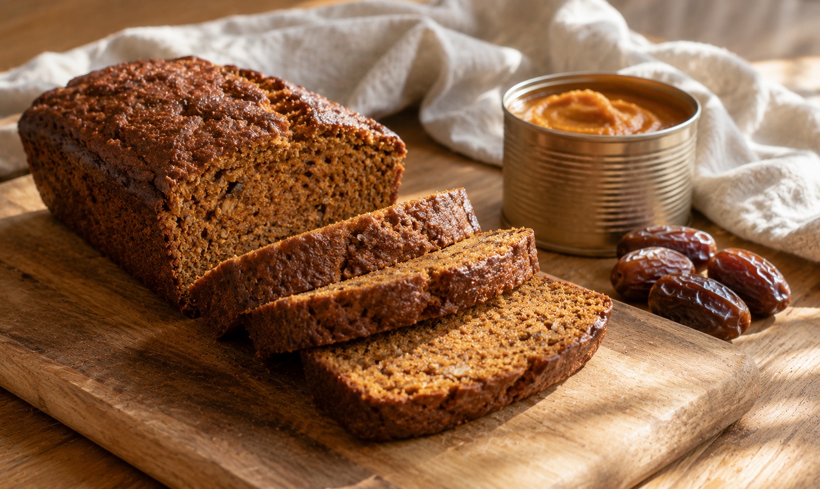 A sliced loaf of pumpkin bread on a wooden board