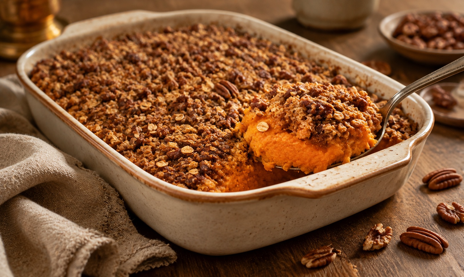 Baked sweet potato casserole with a pecan and oat topping